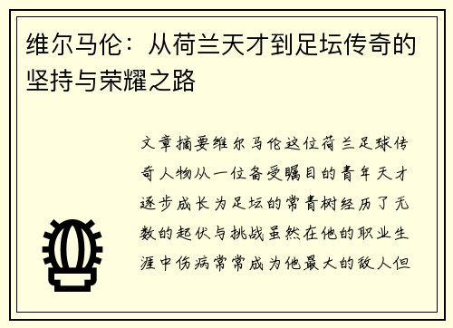 维尔马伦：从荷兰天才到足坛传奇的坚持与荣耀之路