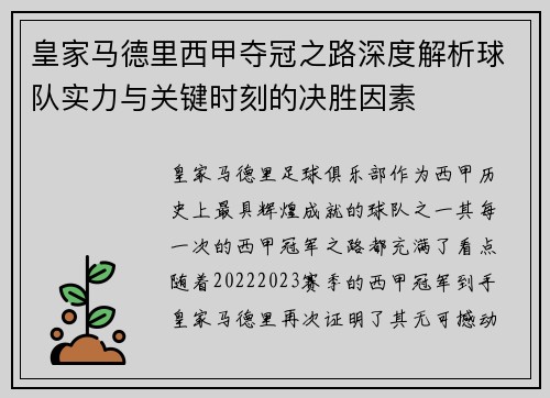 皇家马德里西甲夺冠之路深度解析球队实力与关键时刻的决胜因素